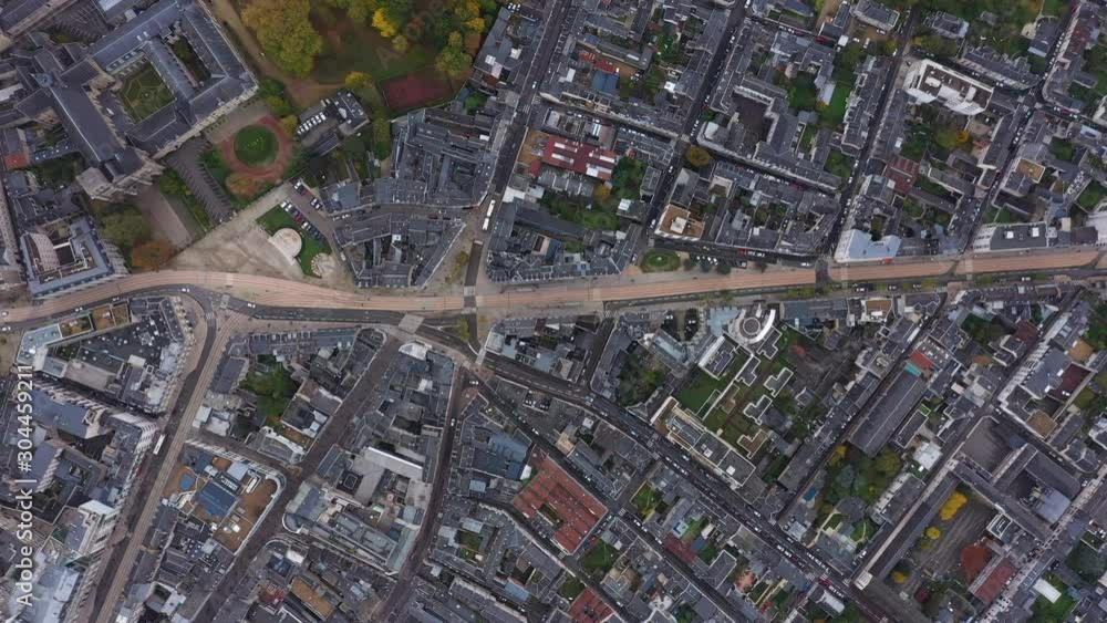 Aerial vertical top view over le Mans city center residential houses tramway line France Sarthe Aerial vertical top view over le Mans city center residential houses tramway line France Sarthe