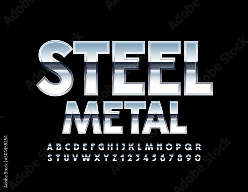 Vector Stylish Steel Alphabet Letters and Numbers. Elegant Silver Font