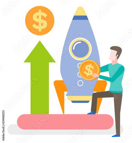 Businessman with money vector, business project startup financial support isolated male with dollar coins. Gold and rocket with arrowheads growing