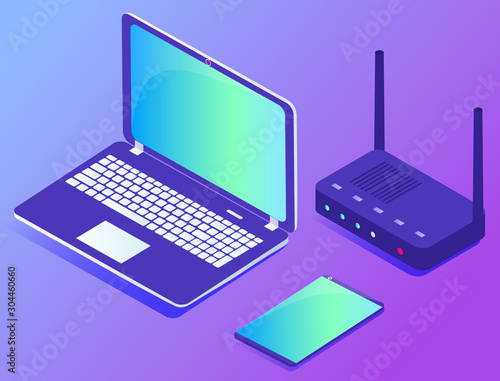 Datacenter set of gadgets vector, isolated laptop with keyboard. Telephone, tablet or smartphone with modem for connection to internet. Database storage, personal computer illustration in isometric 3d