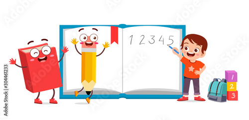 happy cute kid school with book and pencil