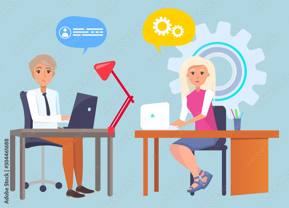 Man and woman sitting at computers, stationery and lamp on tables. Vector cartoon people and chat bubbles, rotating cogwheel symbol of work, gears and info