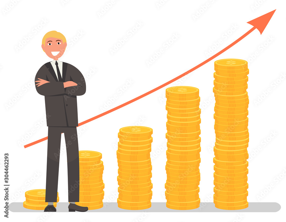 Smiling businessman wearing suit standing with his arms crossed in front of big stacks of coins and growing graph. Investment financial concept vector Smiling businessman wearing suit standing with his arms crossed in front of big stacks of coins and growing graph. Investment financial concept vector