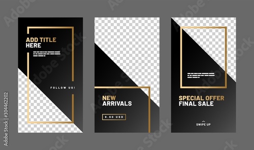 Editable post template set for banner sale, presentation, flyer, poster, invitation, stories, streaming. Screen backdrop for mobile app. Social media story mockup. Golden color.