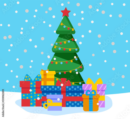 Christmas holidays, pine tree with presents. Winter landscape with spruce decorated with baubles and star on top. Snowfall and firtree with gifts in decorative boxes with ribbons flat style vector