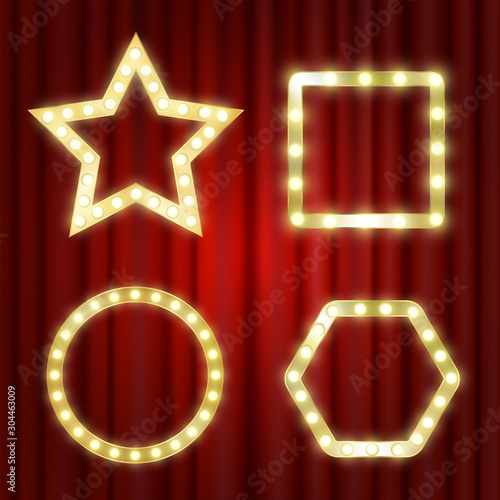 Retro vector electrical sign set, blank copy space, marquee shapes background. Show time board for performance, cinema, entertainment, roulette, poker. Shining light bulbs, vintage red velvet curtains