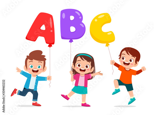 happy cute kids boy and girl holding ballon text