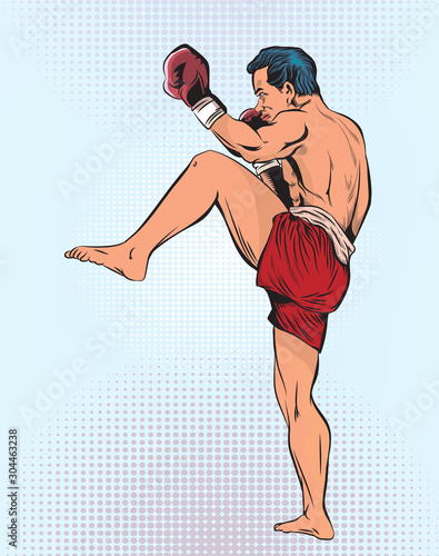 Thai boxing, martial arts.Vector illustration.Isolated on white background. Pop art retro comic.