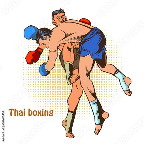 Thai boxing, martial arts.Vector illustration.Isolated on white background. Pop art retro comic.