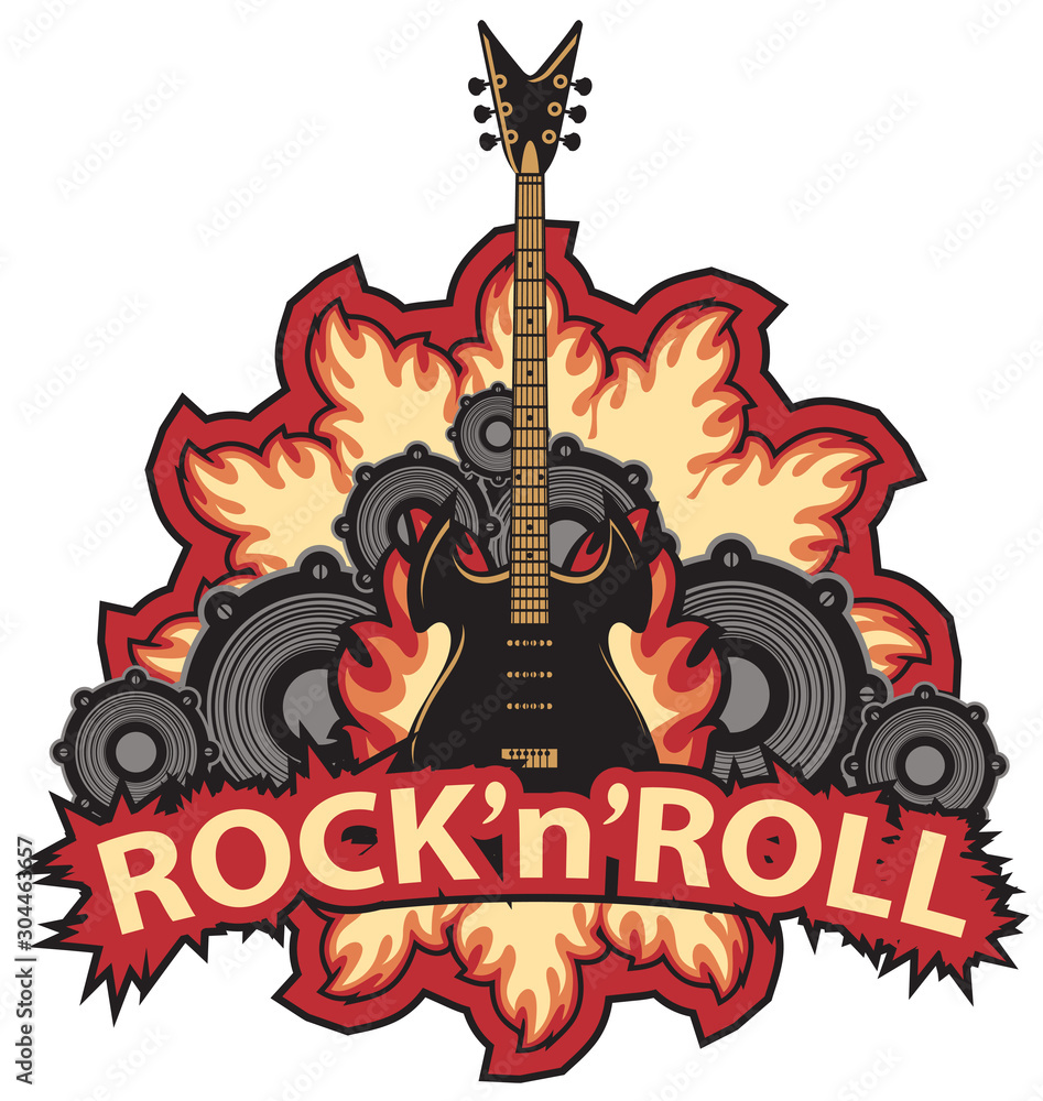 Vector music banner with lettering Rock and roll, an electric guitar ...