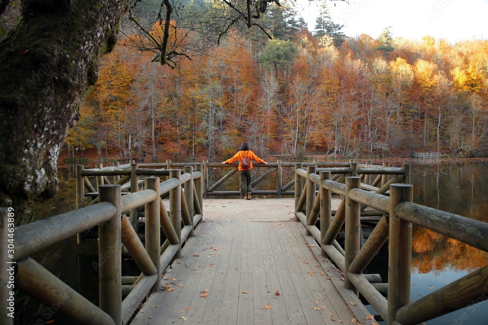 A girl stands alone on a pier on a forest lake in gloomy weather in late autumn. A girl stands alone on a pier on a forest lake in gloomy weather in late autumn.