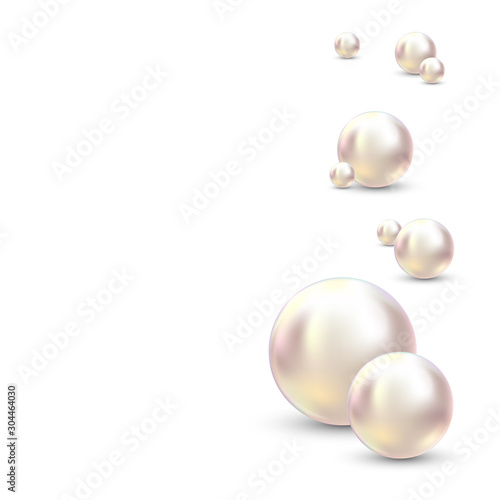 Vector Illustration for your design. Luxury beautiful shining jewellery background with white pearls vector illustration. Beautiful shiny natural pearls. With transparent glares and highlights for