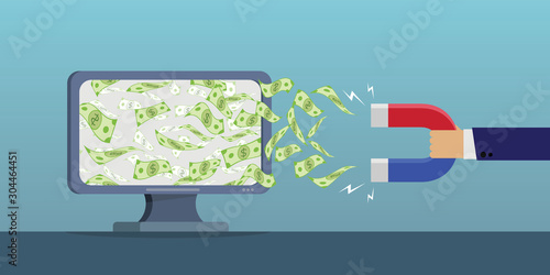 Business man successful catches, loot flying dollar bills with money magnet from laptop. attracting investments. cartoon flat design illustration vector. Concept business, finance, online investment.