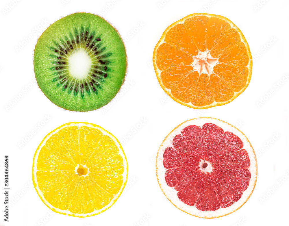 Colorful round slices, pieces of citrus fruits. Set, composition of ripe fresh fruits isolated on white background: green kiwi, yellow lemon, red grapefruit, orange. Healthy vegan or vegetarian food. Colorful round slices, pieces of citrus fruits. Set, composition of ripe fresh fruits isolated on white background: green kiwi, yellow lemon, red grapefruit, orange. Healthy vegan or vegetarian food.