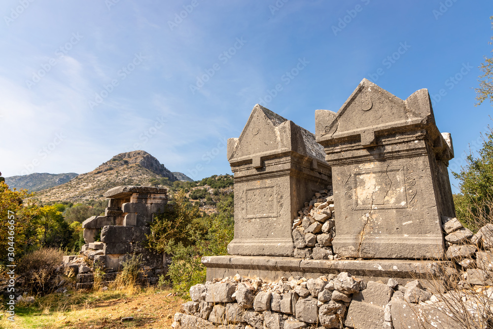 A pair of finely carved and inscribed sarcophagus tombs at Sidyma, Turkey.