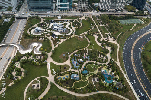 Aerial Drone image of Chicago's Maggie Daley Park showing winding paths