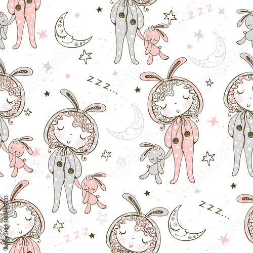 Seamless pattern with girls in pajamas.Fabric for children's pajamas. Vector