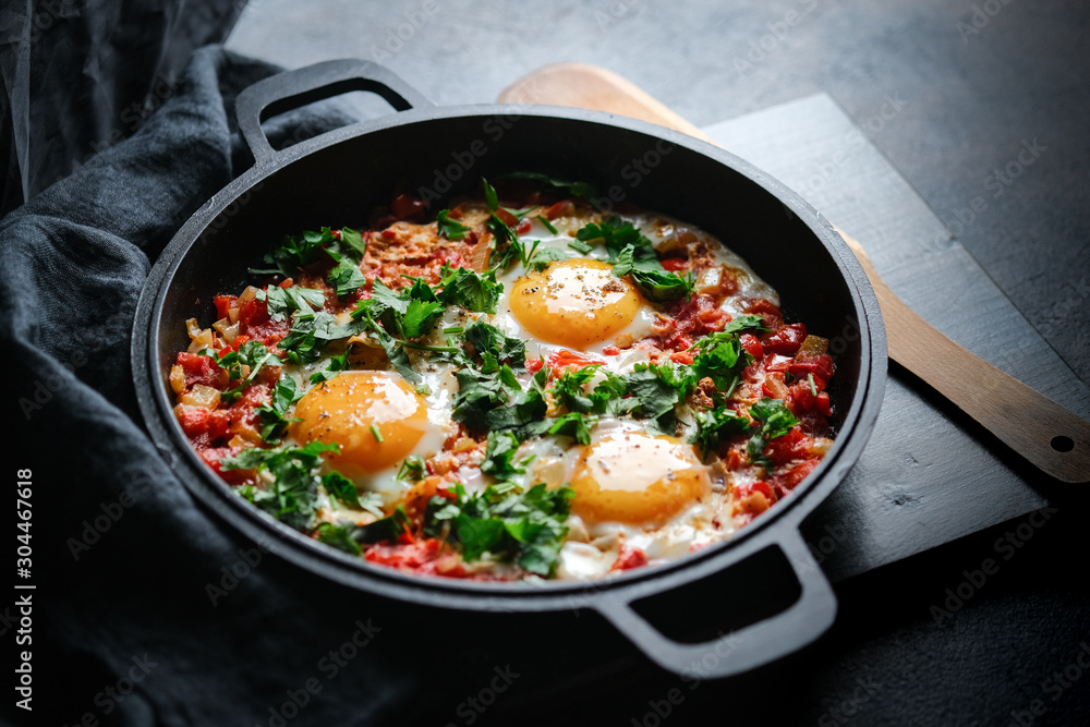 Traditional shakshuka with eggs, tomato, and parsley in a iron pan on a dark background Traditional shakshuka with eggs, tomato, and parsley in a iron pan on a dark background
