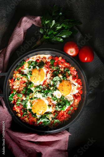 Traditional  shakshuka with eggs, tomato, and parsley in a iron pan on a dark background. Top view.