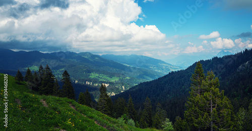Panoramic view of idyllic mountain scenery in the Alps with fresh green meadows in bloom on a beautiful sunny day in springtime. Location place Swiss alps  Europe. Beauty world.