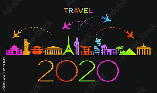 2020 travel and tourism background. Colorful template with icons and tourism landmarks. Creative happy new year 2020 design. New Year background.  File is saved in 10 EPS version.