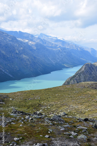 Above View (looking South West) of the Green Lake Gjende from the Besseggen Ridge Trail, Jotunheimen National Park, Norway (Summer) © Andy