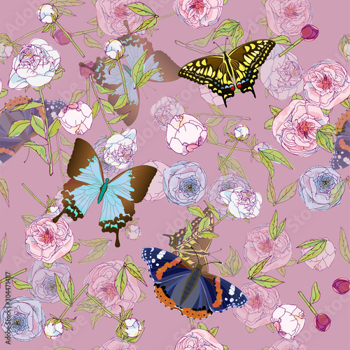 Butterfly and leaves, stems and inflorescences of peonies and roses vector illustration. Picture with pink, blue and white flowers on pink background. Endless pattern. EPS10