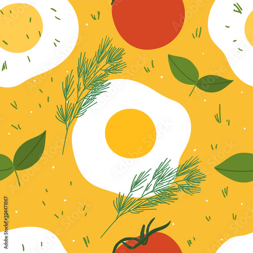Breakfast seamless pattern for print, textile, fabric. Modern food illustration background. Eggs with tomatos good morning meal.