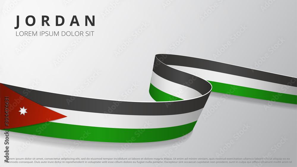 Flag of Jordan. Realistic wavy ribbon with Jordanian flag colors