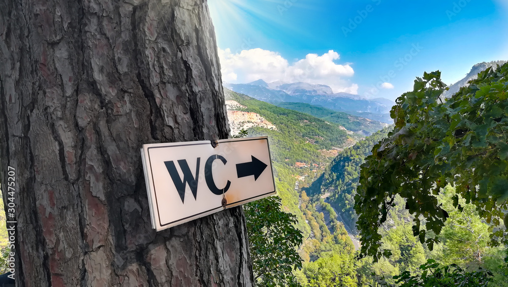  Way to toilet sign WC on a tree, high in the mountains.
