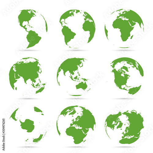 Globes icon collection. Green globe. Planet with continents Africa, Asia, Australia, Europe, Antarctica, North America and South America
