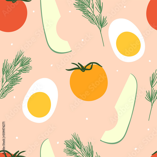 Breakfast seamless pattern for print, textile, fabric. Modern food illustration background. Eggs with tomatos good morning meal.