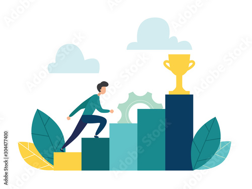 People run up the stairs to get the goal or trophy, vector illustration for describing step to success, how to reach goal or target achievement, move up motivation. flat style