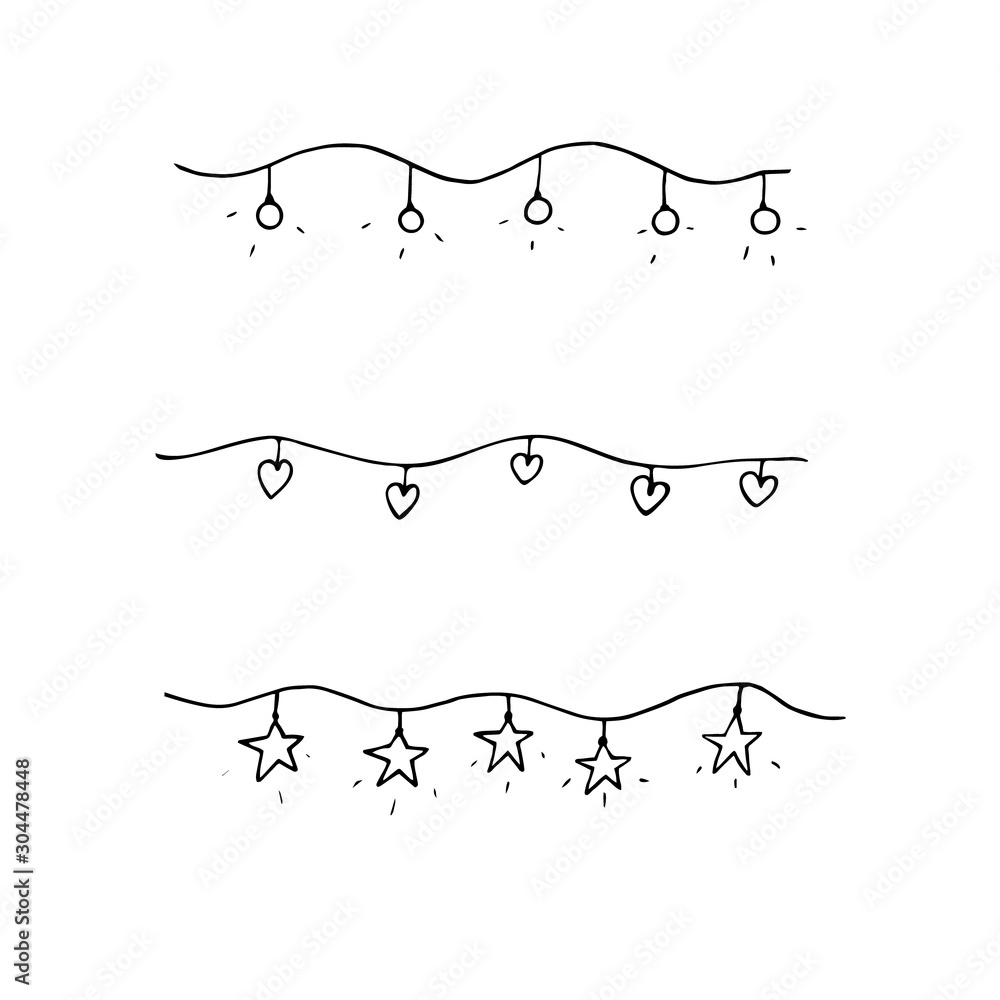 Graphic illustration. Garlands for decoration, in the shape of hearts, stars, bulbs, silhouette, simple, primitive, black lines on a white background, isolated, sketch, Doodle.