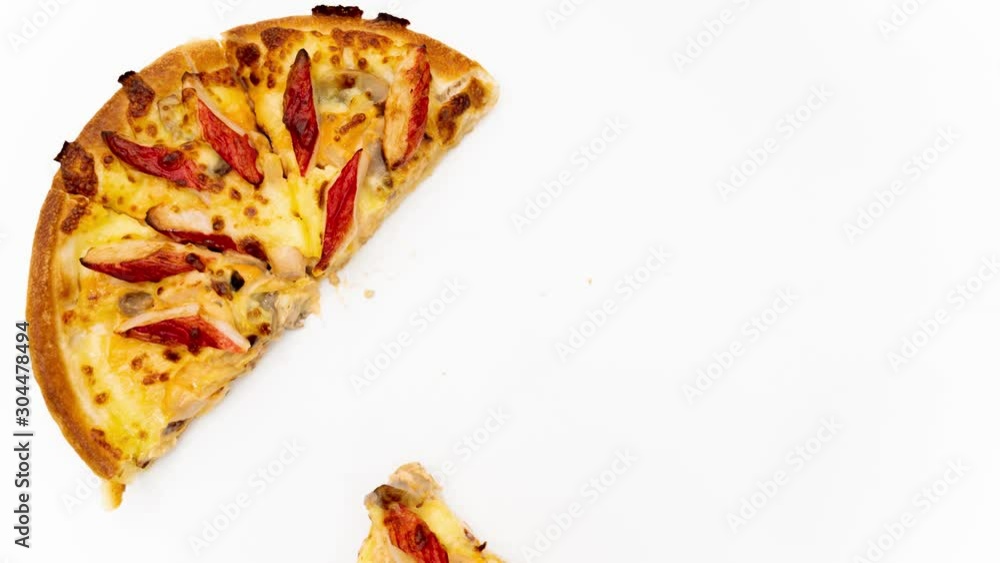 Stop motion of eating a pizza on white background Stop motion of eating a pizza on white background