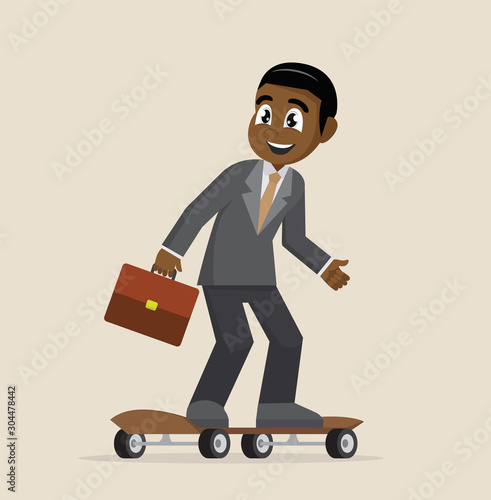 Cartoon character, African Businessman on skateboard.