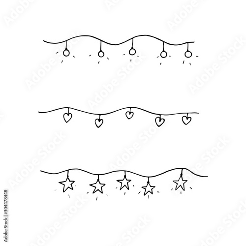 Graphic illustration. Garlands for decoration, in the shape of hearts, stars, bulbs, silhouette, simple, primitive, black lines on a white background, isolated, sketch, Doodle.