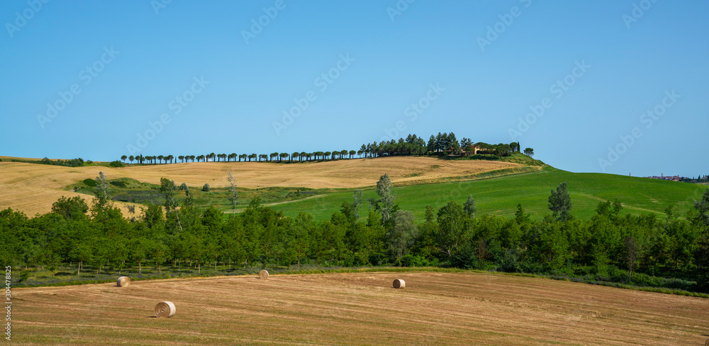 Beautiful landscape in Tuscany, Italy. Sunny fields. Agricultural area with wheat fields.