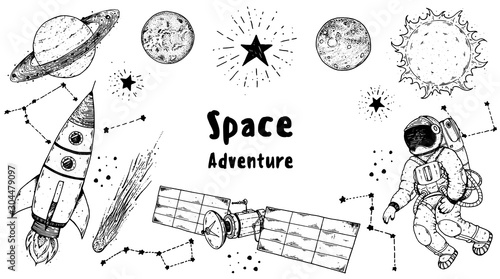 Hand drawn space vector illustration. Planets, rocket, satellite, cosmonaut illustration. Space elements. Hand drawn sketch.