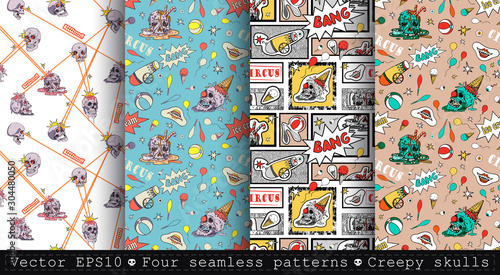 Four seamless patterns with skulls, superheroes circus elements and evil clown. Comic book, pop art. Halloween.