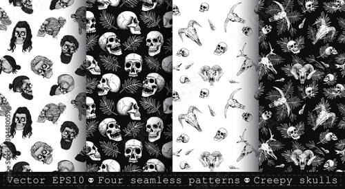 Four seamless patterns with human, animal skulls, beards and palm leaves. Heads of a bull, goat, ram and man. Halloween.