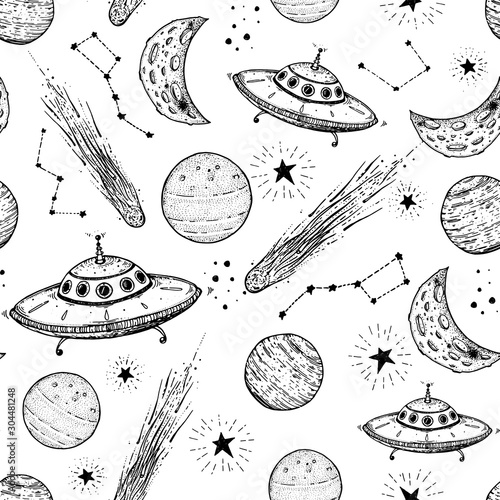 Hand drawn space seamless pattern. Vector illustration. Planets, comets, ufo, galaxy hand drawn. Space background.