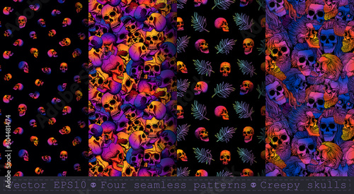 Four seamless patterns with bearded skulls and palm leaves. Gradient fill, bright trend colors: purple, orange, blue on a black background.  Halloween.