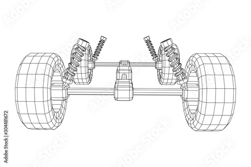 Chassis steering rack. Wireframe low poly mesh vector illustration. Auto service repair car concept.