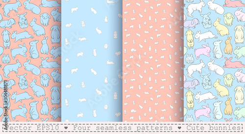 Four seamless patterns with cute bunnies. Cartoon white, bluee rabbits on a coral, skyey backgrounds. Linear, outline drawing.