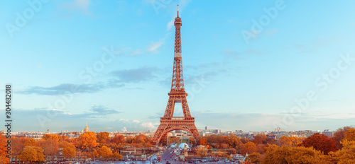 The Eiffel Tower in Paris. Beautiful city panorama. Autumn golden colors. Scenic view on Paris. View from Trocadero.
