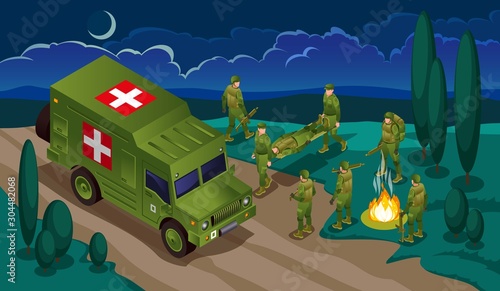 Evacuation of the Wounded Soldiers of Modern Army in the night illustration isometric icons on isolated background