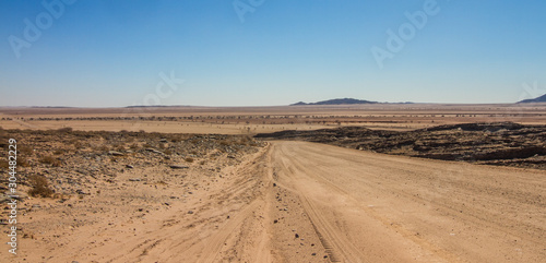 Panorama der einsamen Landschaft der Wüste Namib mit Schotterstraße Richtung Horizont südlich von Swakopmund, Namibia
