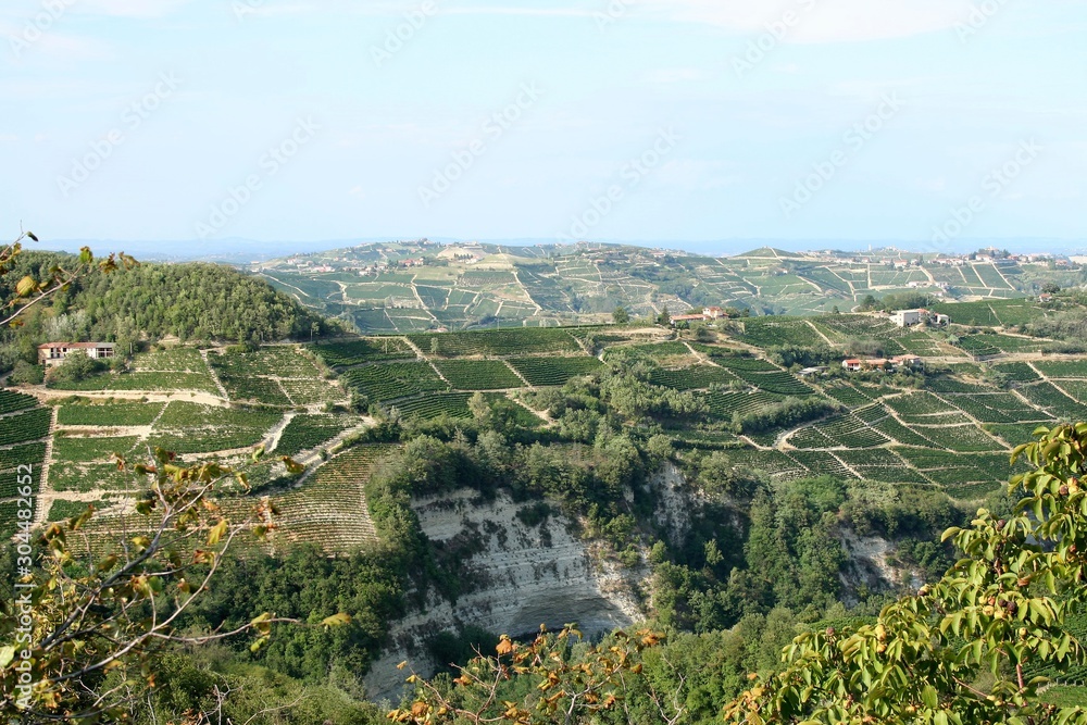 Elevated, panoramic view of the Langhe hills landscape, Unesco World Heritage Site, in a sunny summer day, Cuneo, Piedmont, Italy