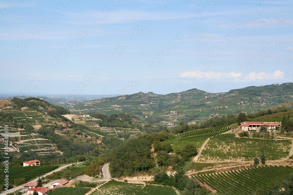Elevated view of the Langhe hills landscape, Unesco World Heritage Site, with farms and vineyards in a sunny summer day, Cuneo, Piedmont, Italy